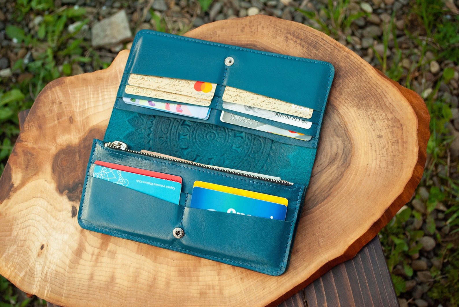 Darkteal Leather Boho Wallet With Mandala Leather Wallet Etsy