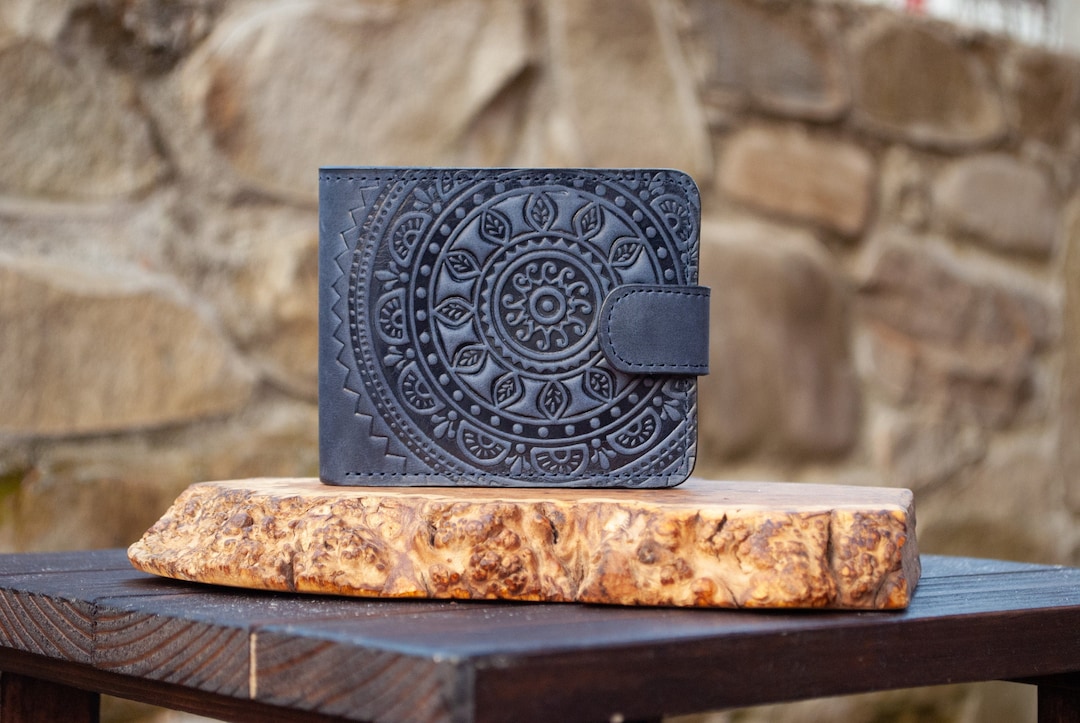 Embossed Leather Wallet: Navy Blue Boho Bifold With Sun - Etsy