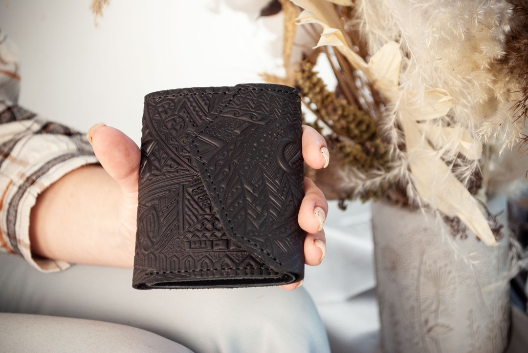 Black Leather Boho Wallet | Mountain Embossed, Mini Coin Purse - Etsy