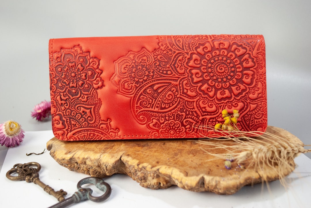 Dark Red Leather Long Wallet: Floral Embossed Boho Purse - Etsy