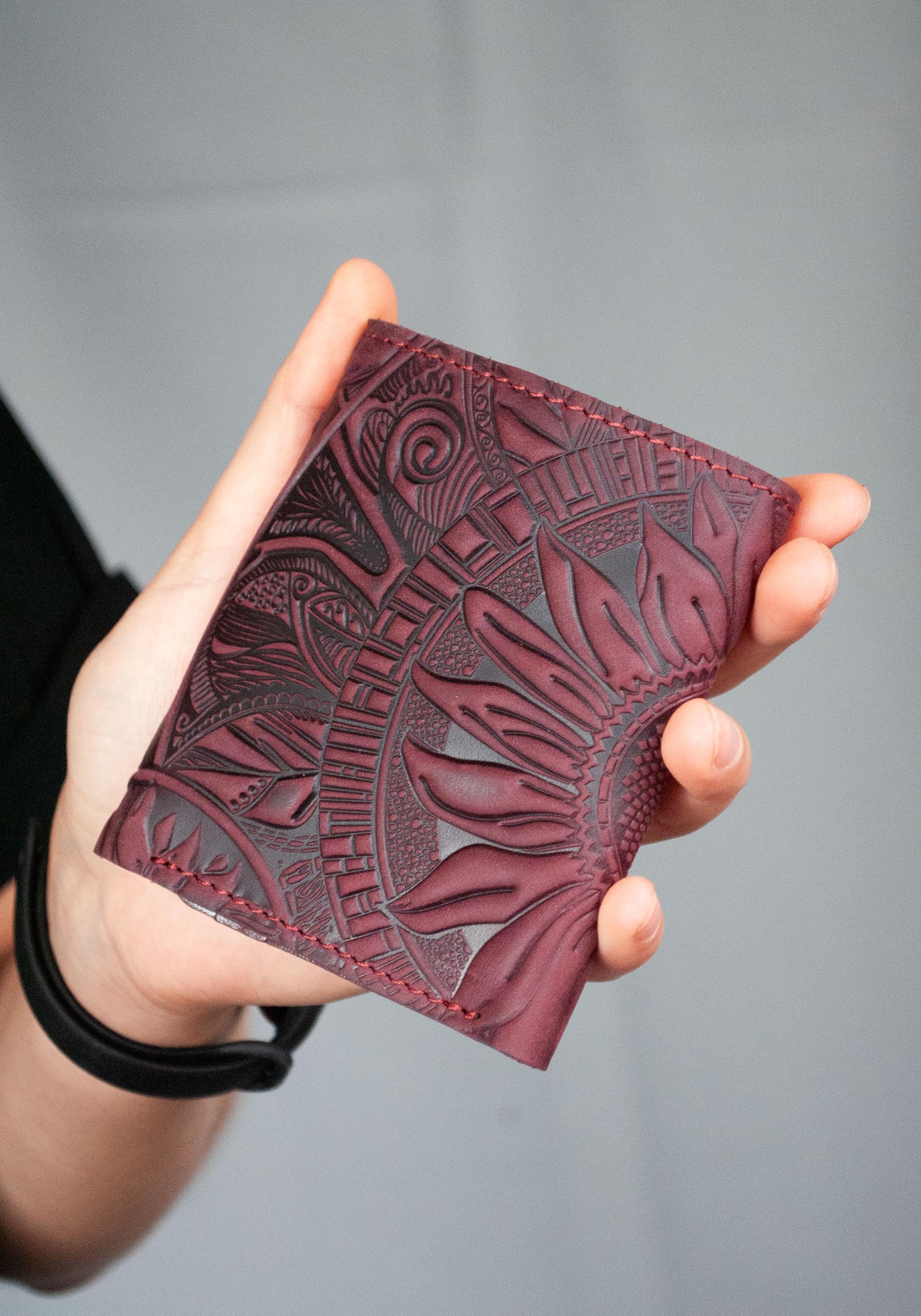 Embossed Leather Mini Wallet: Rustic Sunflowers, Boho Burgundy - Etsy