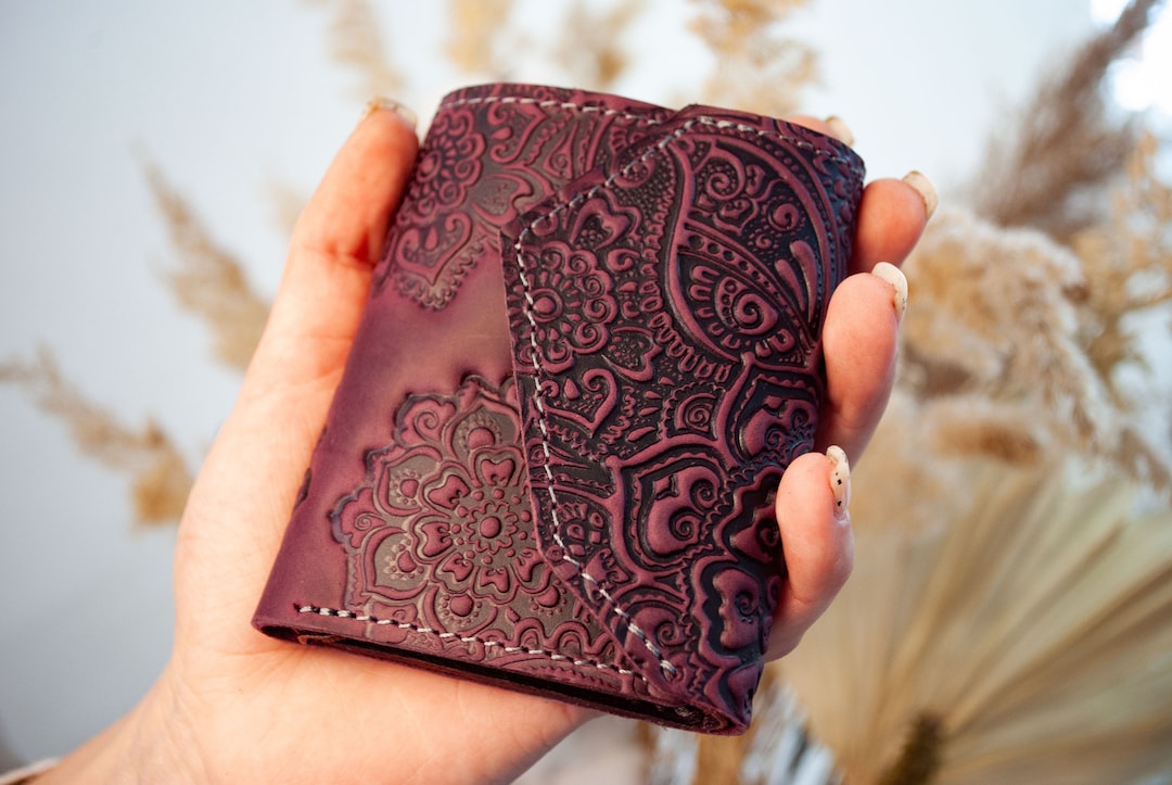 Burgundy Leather Wallet: Small Boho Wallet With Rustic Embossing - Etsy