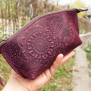 Genuine leather zipper pouch  &quot;Flower garden&quot; | Toiletry Bag Women, Travel Toiletry Bag, Leather Case, Burgundy cosmetics bag, cosmetic bag