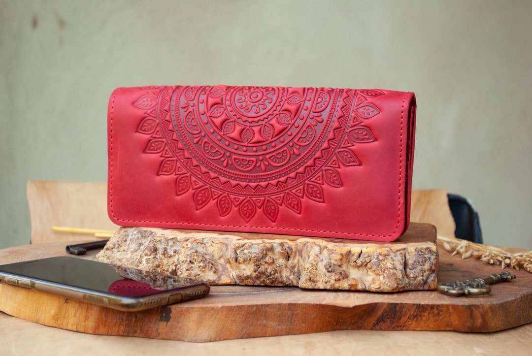 Darkred Leather Boho Wallet With Mandala Leather Wallet Women's, Leather Wristlet Wallet, Red