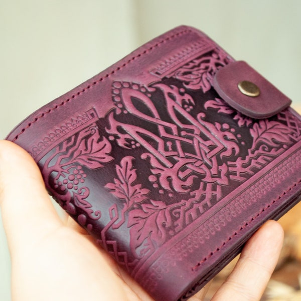 9 pockets Burgundy leather small wallet with Emblem of Ukraine | boho wallet, leather wallet women, wallet women small, trident wallet