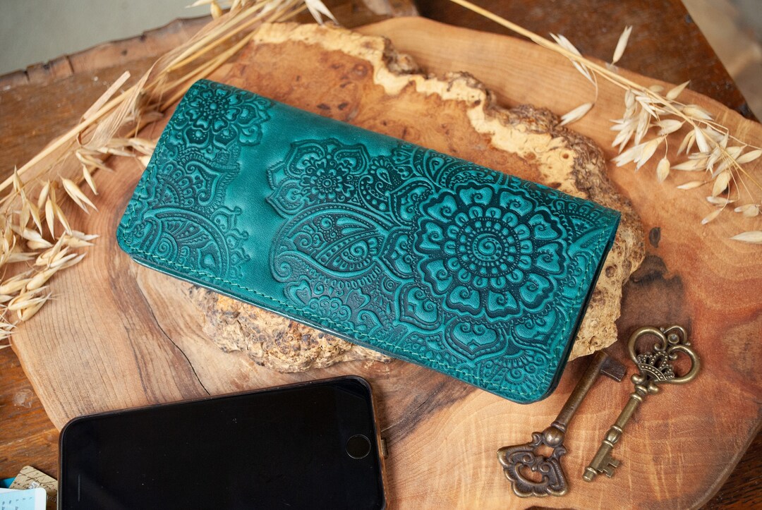 Darkteal Leather Boho Wallet With Flower Turquoise Leather Wallet