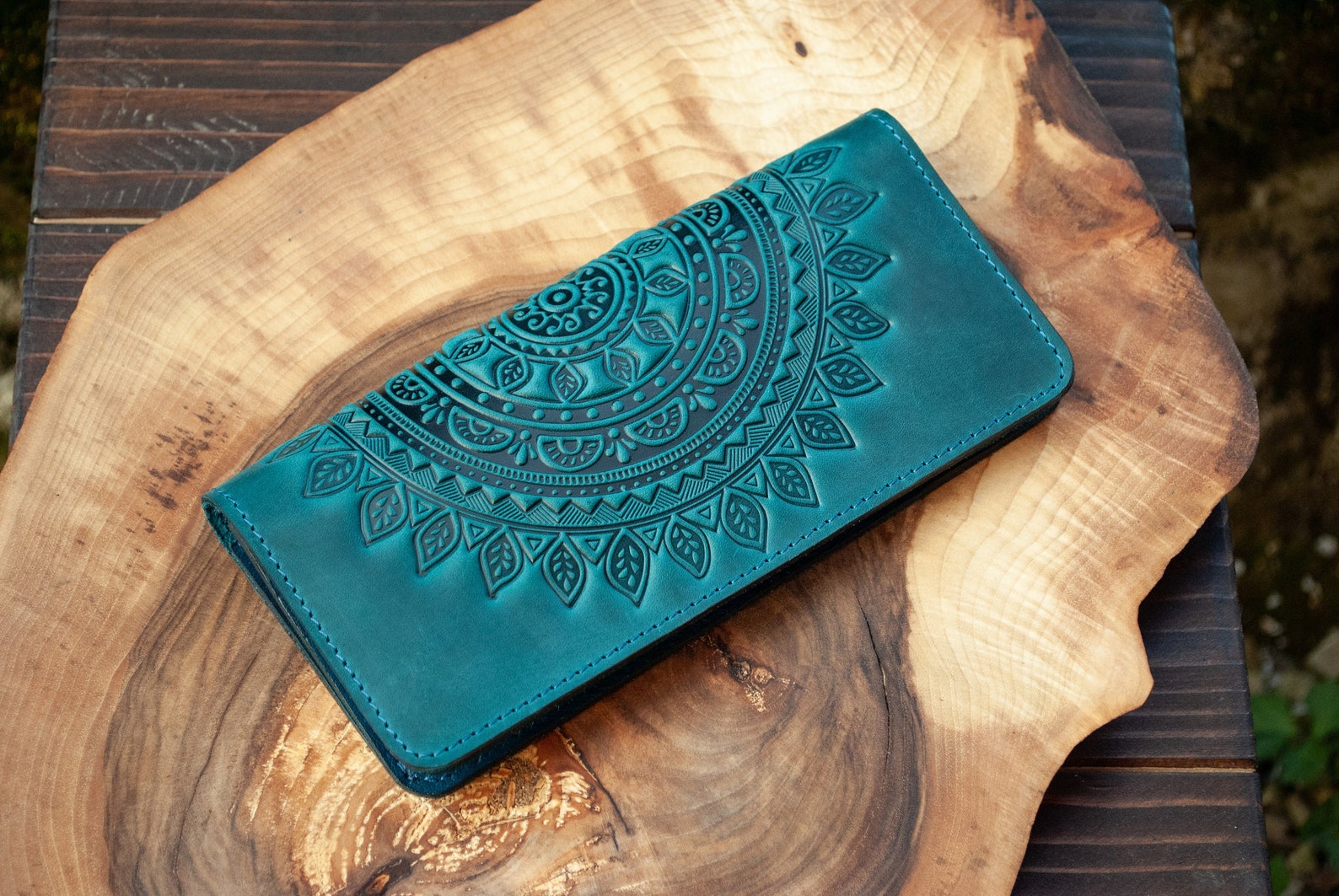 Darkteal Leather Boho Wallet With Mandala Turquoise Leather Etsy