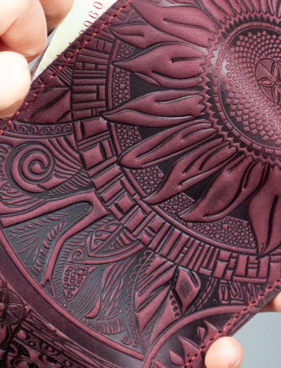 Embossed Leather Mini Wallet: Rustic Sunflowers, Boho Burgundy - Etsy