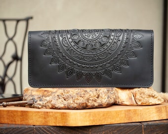 Black leather wallet Boho with mandala | leather wallet women's, Leather Long Wallet, wallet with ornament,wallet women boho, wristlet purse
