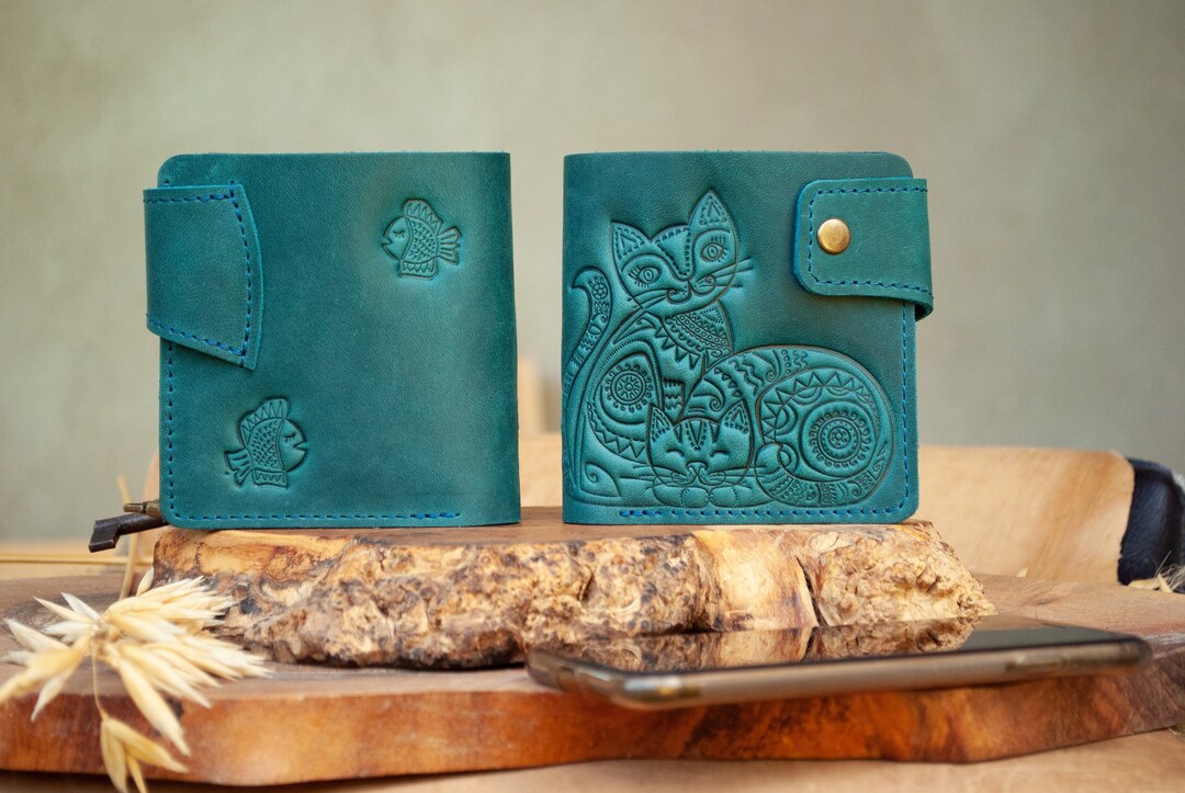 Turquoise Leather Boho Wallet With Cats Leather Wallet Etsy