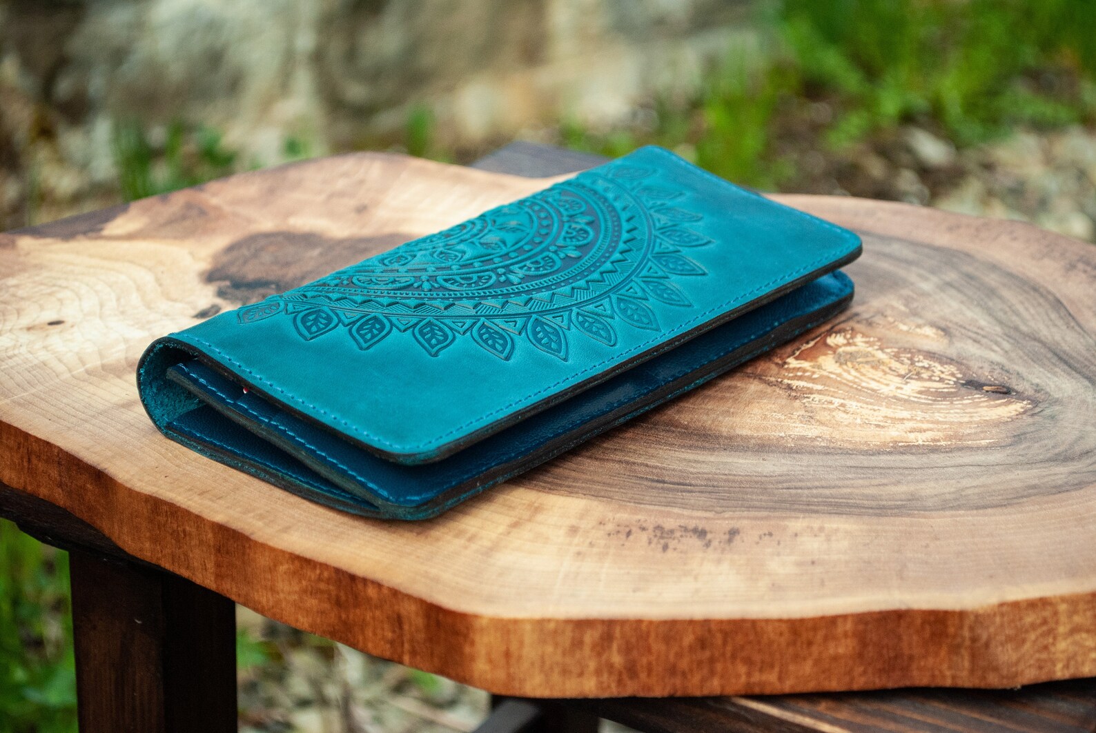 Darkteal Leather Boho Wallet With Mandala Leather Wallet Etsy