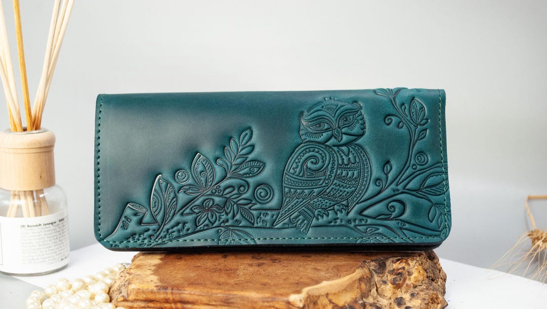 Dark Teal Leather Wallet | Embossed Owl, Boho Wristlet - Etsy