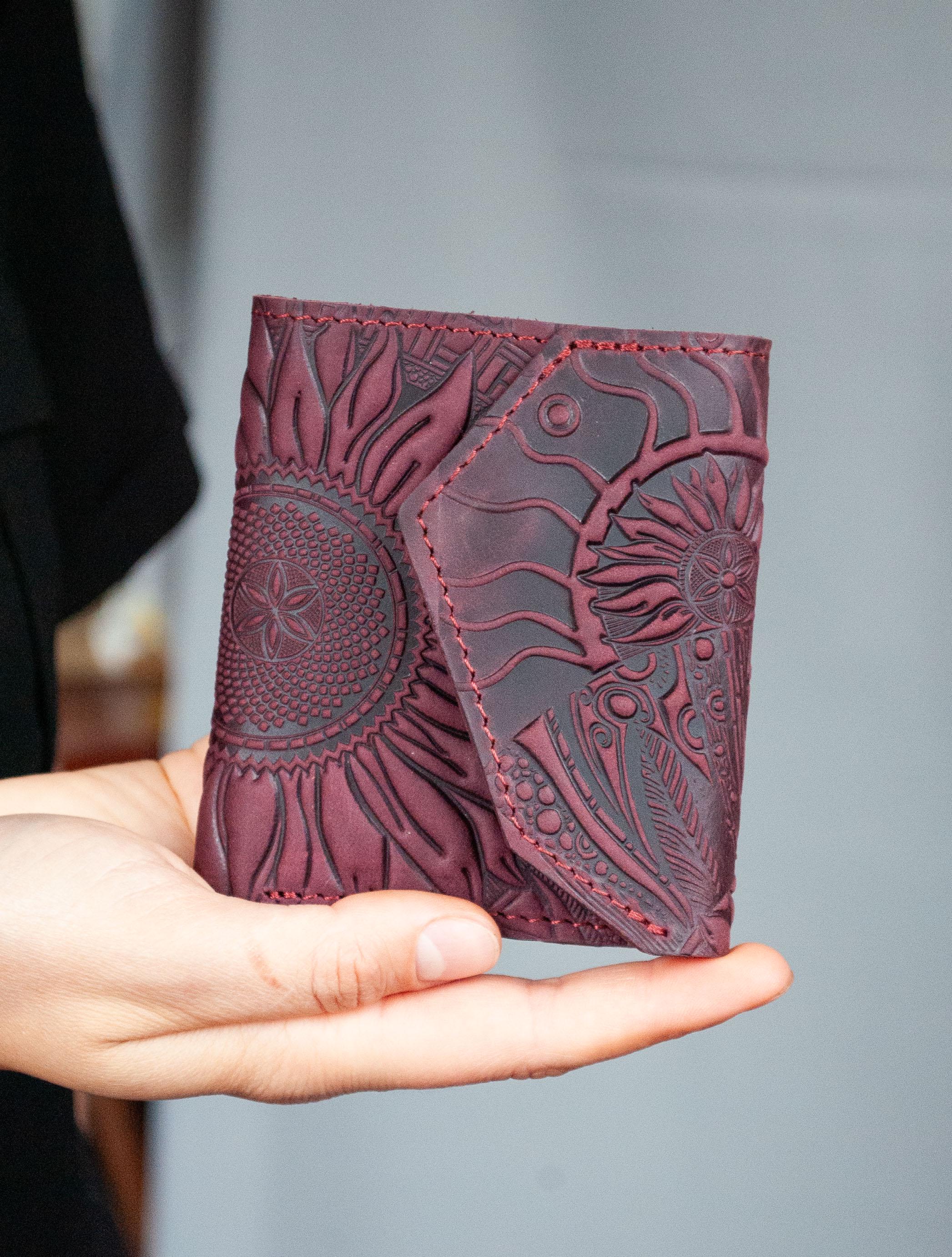 Embossed Leather Mini Wallet: Rustic Sunflowers, Boho Burgundy - Etsy