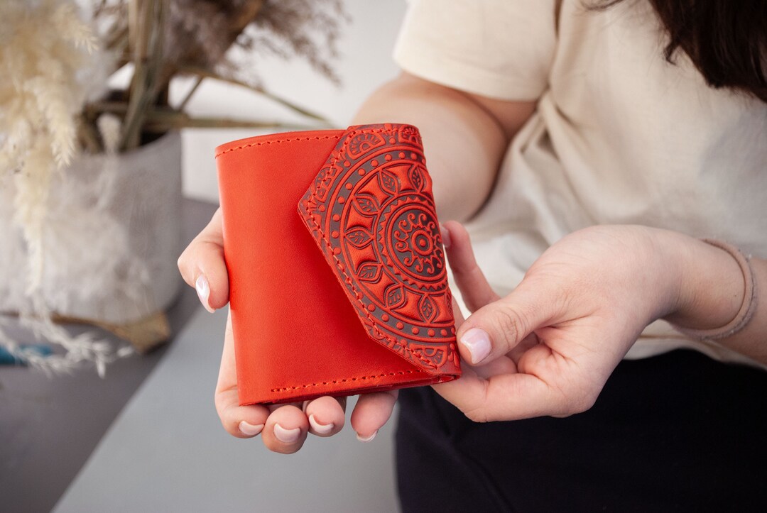 Red Leather Boho Wallet: Small Embossed Mandala, Rustic Sun Ornament - Etsy