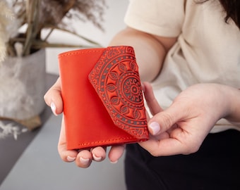 Red Small leather Boho wallet with rustic Mandala embossing | mini leather wallet women's, cute wallet with Sun ornament in red color
