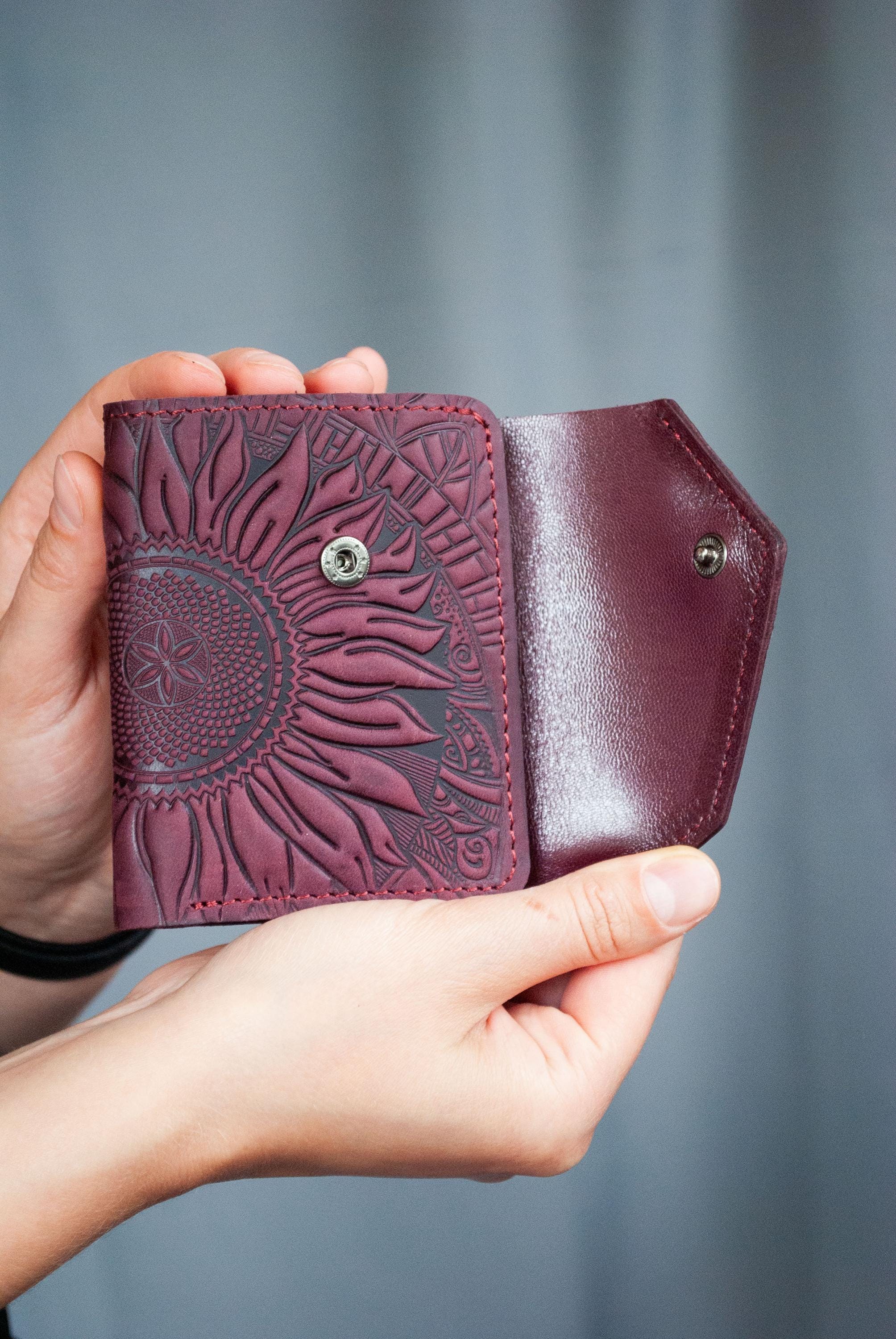 Embossed Leather Mini Wallet: Rustic Sunflowers, Boho Burgundy - Etsy