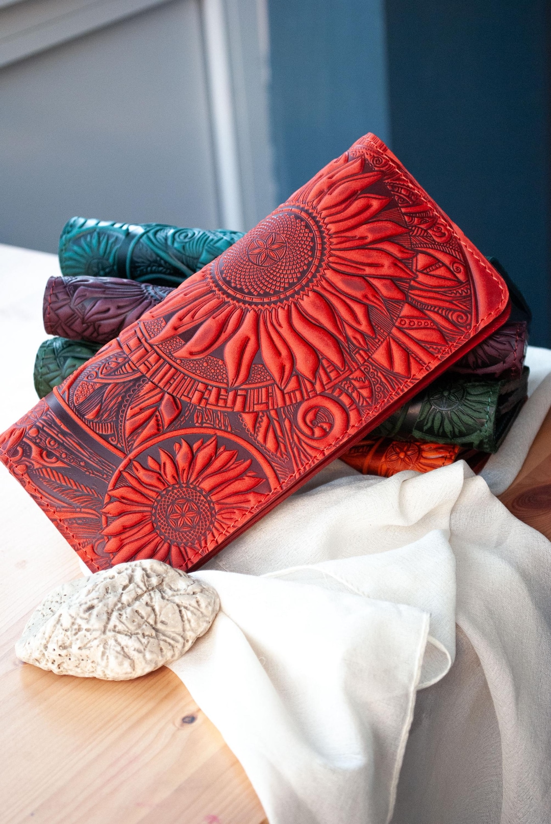 Dark Red Leather Boho Wallet: Sunflower Embroidered Long Wallet - Etsy