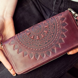 Cartera de piel burdeos con cremallera / Cartera de piel de mujer Bordo, Cartera grande con cremallera, Cartera bohemia para mujer, Cartera de mano, Cartera de mano para mujer