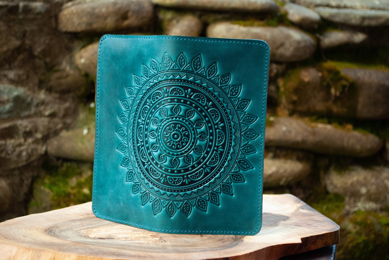 Darkteal Leather Boho Wallet With Mandala Leather Wallet Etsy