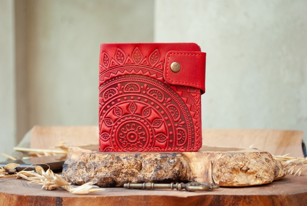 Red Leather Boho Wallet With Sun Leather Wallet Women's, Leather Small Wallet, Wallet Ornament
