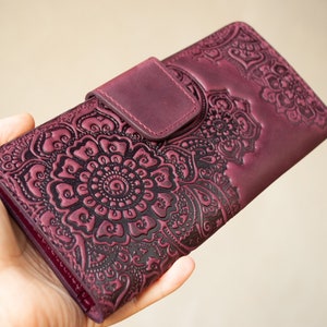 Woman's Burgundy Genuine leather Boho wallet with flowers | Leather Long Wallet for women, embossed wallet, boho leather purse