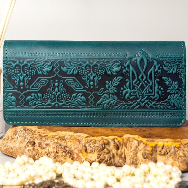 Dark-teal leather wallet with Trident | Long wallet with Emblem of Ukraine, woman's purse from Ukraine, tooled leather wallet wrist strap