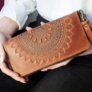 Cartera de piel marrón claro con cremallera Boho / Cartera mujer piel, Cartera grande con cremallera, Cartera mujer boho, Cartera de mano, Cartera mujer