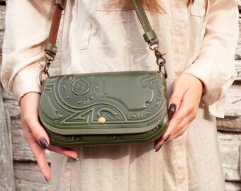 Handmade Olive Leather Shoulder Bag: Celtic Embossed Handbag