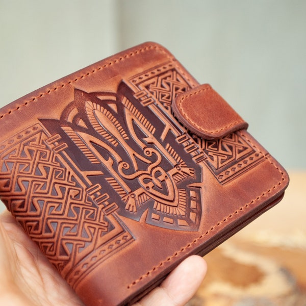 9 pockets light-brown leather small wallet with Emblem of Ukraine | boho wallet, leather wallet women, wallet women small, trident wallet
