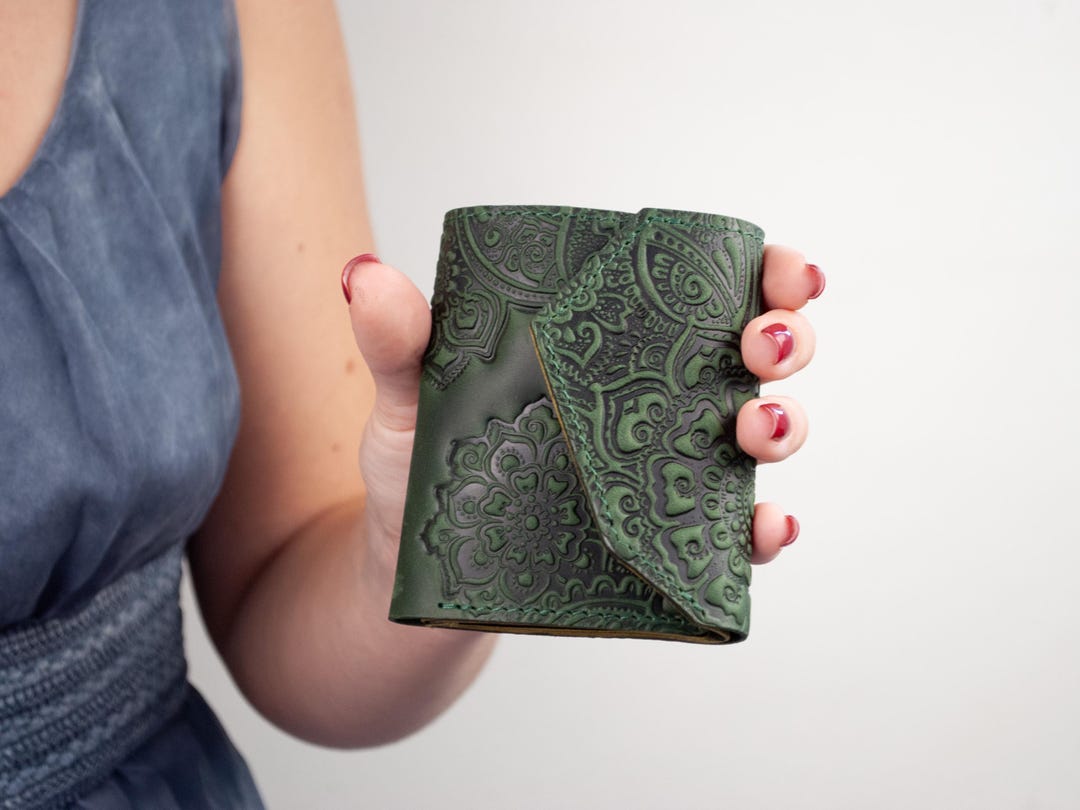 Green Leather Wallet: Small Boho Embossed Purse - Etsy