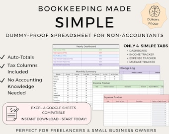 Small Business Bookkeeping Template, Income Expense Tracker (Google Sheets, Excel)