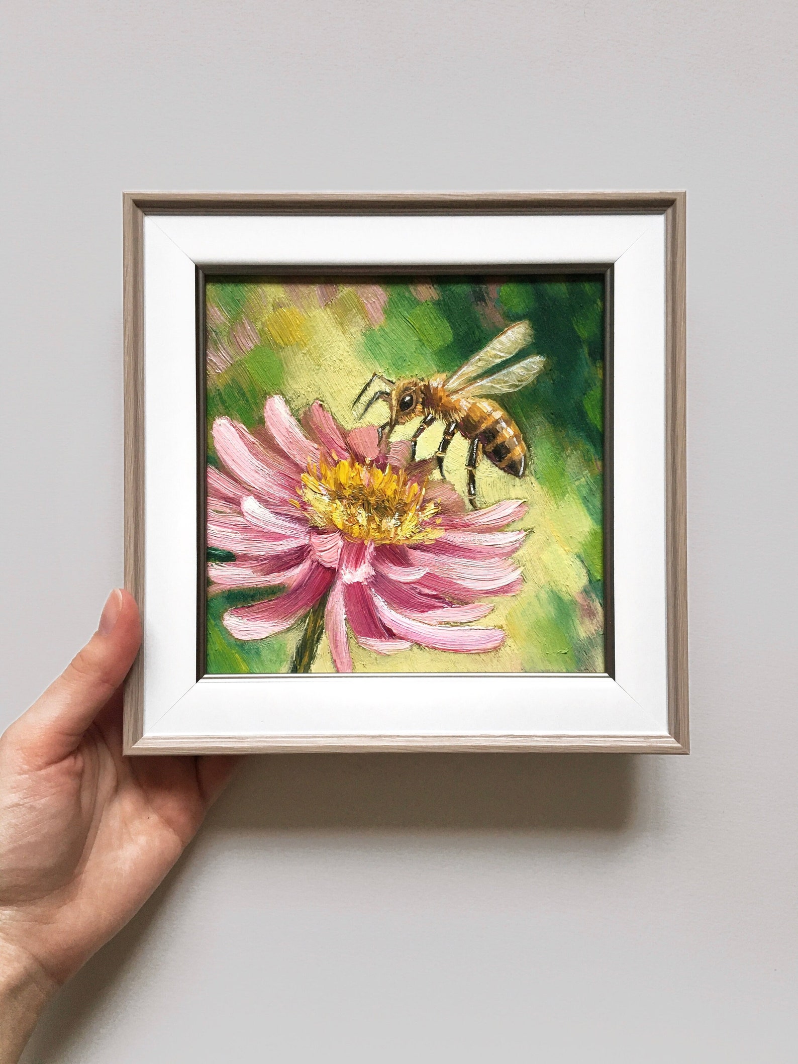 Bee Oil Painting Original Art Framed, Pink Flower Bee Wall Art in Frame ...