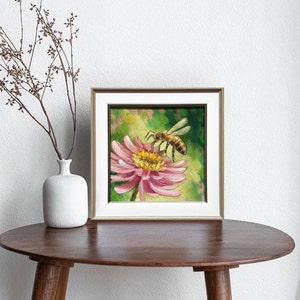 Bee Oil Painting Original Art Framed, Pink Flower Bee Wall Art in Frame ...