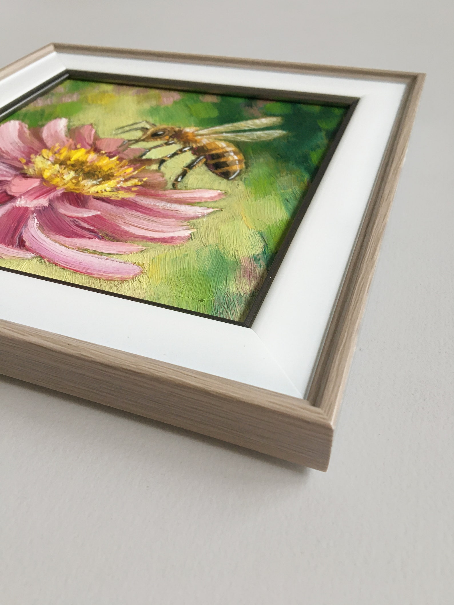 Bee Oil Painting Original Art Framed, Pink Flower Bee Wall Art in Frame ...