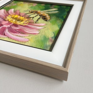Bee Oil Painting Original Art Framed, Pink Flower Bee Wall Art in Frame ...
