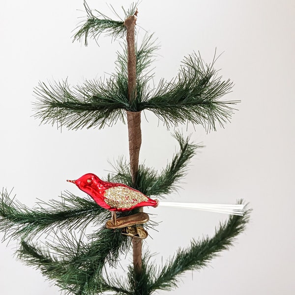 VIntage Red and Gold Blown Glass Mini Clip On Bird Christmas Ornament with Spun Glass Tail - Made in Germany