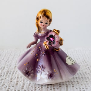 Vintage Josef Originals February Amethyst Birthstone Doll Figurine with Gold Foil Sticker image 1