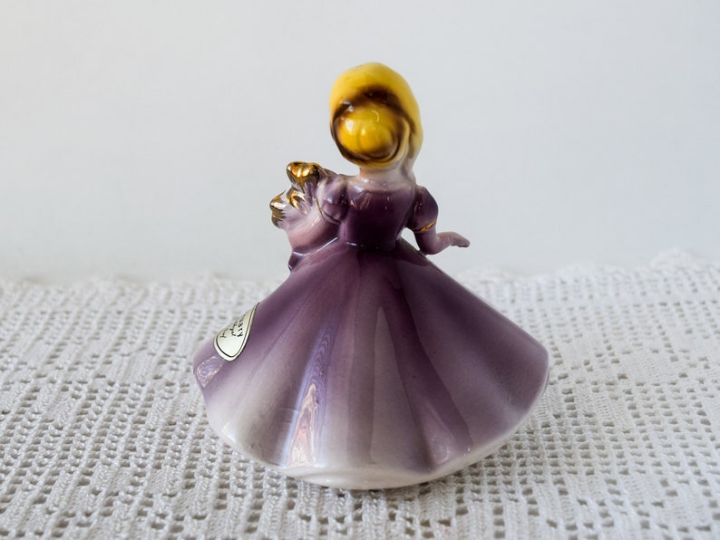 Vintage Josef Originals February Amethyst Birthstone Doll Figurine with Gold Foil Sticker image 2