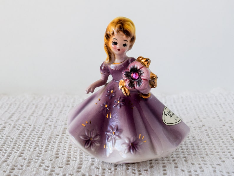 Vintage Josef Originals February Amethyst Birthstone Doll Figurine with Gold Foil Sticker image 1