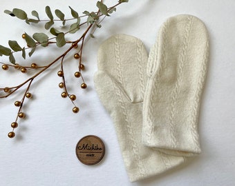 Ivory Cable Knit Wool Mittens, Upcycled Sweater Mitts