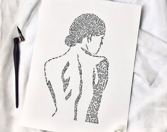 Calligraphy Woman Silhouette Print, Poem Art, 100% cotton paper