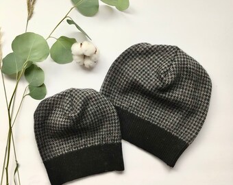Matching Merino Wool Beanie Set, Houndstooth Toques