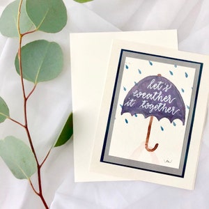 Carte d’encouragement | Carte de support | Carte à peinture à la main | Permet de le faire par temps ensemble | Carte pluie et parapluie | Une carte de type