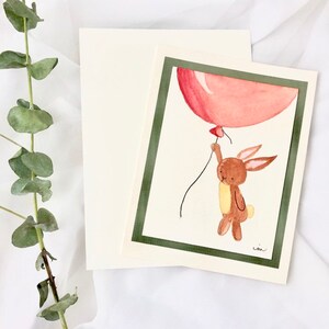 Miss You carte | Carte peinte à la main | carte vierge à la main | Carte de voeux de lapin | Carte de lapin et de ballon