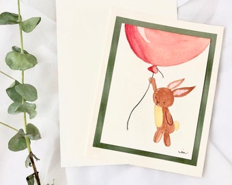Hand Painted Miss You Card | Bunny and Balloon Greeting