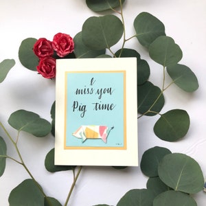 Carte de vœux Origami, Je me manque Pig Time, Pig Pun, Origami Pig, Turquoise Blue Hand Lettered Card