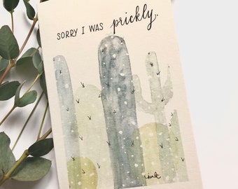Funny Prickly Cactus Sorry Card, Humorous Apology, Watercolour