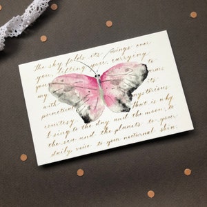 Carte de poème d'amour, carte de papillon rose, poème de Pablo Neruda, carte d'aquarelle, carte de voeux d'amour