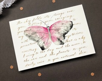 Pink Butterfly Watercolour Card, Pablo Neruda Poem, Love Greeting Card