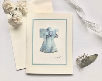 Handmade Origami Kimono Card, Light Blue and Silver, Asian Inspired